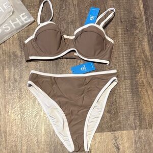 Cupshe Brown Contrast-Trim Bikini Set - Women Swim size S. NWT